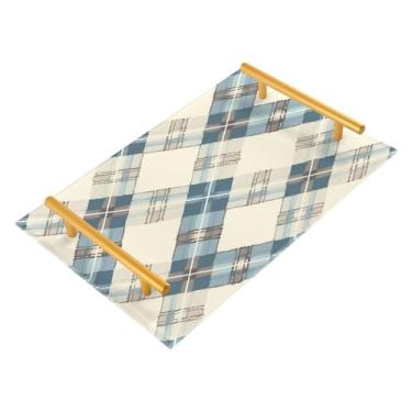 Imagem de Wassud Bandeja de banheiro com estampa xadrez azul pastel, bandejas de perfume, alça de maquiagem, cômoda, quarto, cozinha, mesa, 30 x 20 cm