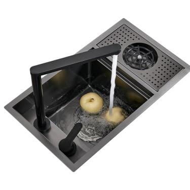 Imagem de PVXMQFFA Pia de aço inoxidável invisível pequena pia de tigela única com torneira elevatória restaurante cafeteria pia com tampa lavadora de copo RV Bacia de bancada oculta (60 * 40 * 23 cm)