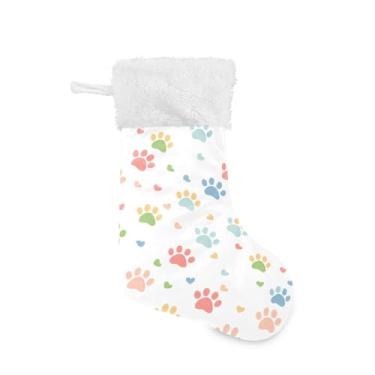 Imagem de Wassud Meia de Natal fofa com punho branco, estampa de pata em tons pastel, 45,7 cm, grande, para decoração de lareira e cornija, 1 pacote