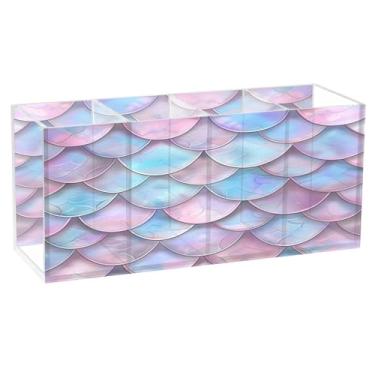 Imagem de Qilmy Lindo suporte de caneta de acrílico para escamas de sereia, 3 compartimentos, porta-lápis transparente para mesa, organizador de pincéis de maquiagem, copo organizador de lápis para material