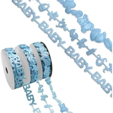Imagem de 3 rolos de fita de chá de bebê de 15 metros para costura artesanal, fita de impressão de pé de urso de 1,7 polegada para embrulho de presente, fitas azuis reveladoras de gênero para decorações de