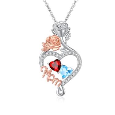 Imagem de WYDDO Colar com coração e amor, pedra do mês de nascimento duplo, joia de flor de rosa, aniversário dos namorados, presente de Natal para avó, esposa, mãe, Base, Zircônia cúbica