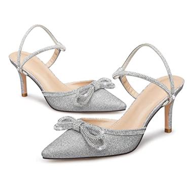 Imagem de RIBONGZ Sapatos femininos de casamento com glitter, bico fino, salto alto com tiras, sexy, tira no tornozelo, sapatos de festa de casamento, trabalho, vestido, Xmw - prata, 39