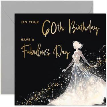 Imagem de Cartão de aniversário feminino Old English Co. - Cartão especial de aniversário de 60 anos para ela - Sessenta - Design de vestido de silhueta de glitter dourado - Cartão de sexagésimo aniversário