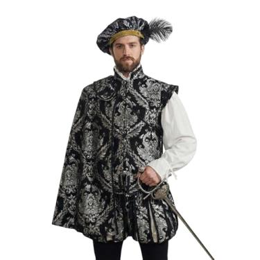 Imagem de Diajosa cos Fantasia masculina do período elisabetano Tudor renascentista Tudor Nobre Príncipe Rei Terno Senhor, Preto, prata, GG