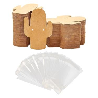 Imagem de ccHuDE 100 peças de brincos de cacto, cartões de exibição de brincos de papel kraft, cartões de orelha, joias, etiquetas de venda penduradas com 100 sacos de plástico transparente