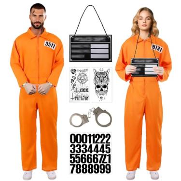 Imagem de Kuberas Macacão de prisioneiro adulto laranja prisão fantasia de prisão criminoso fantasia cosplay Halloween roupa masculina feminina