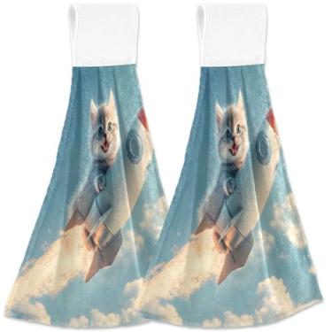 Imagem de TSENQUE Toalhas de mão personalizadas de gatinho e gato foguete engraçadas de cozinha com laço de pendurar conjunto de 2 toalhas absorventes para cozinha, banheiro, 46 x 35 cm