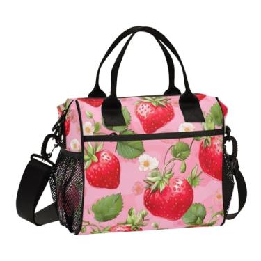 Imagem de GAIGEO Lancheira isolada rosa de morango em aquarela com alças, lancheira isolada média, lancheira de escritório, M