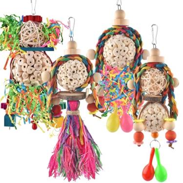 Imagem de Bissap Brinquedos Conure, 4 peças de papagaio de pássaro, brinquedos pendurados, bolas de sola com martelo de areia para papagaios pequenos, periquitos, conures, calopsitas, pássaros do amor, gaiola