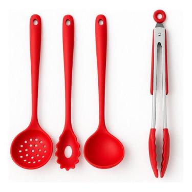 Imagem de Kit 4 Utensílios de Silicone com Escumadeira Concha para Sopas, Caldos