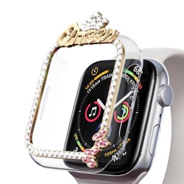 Imagem de AKABEILA Compatível com Apple Watch 4/5/6/SE 44 mm, capa protetora feminina Gils Glitter diamante strass bumper para iWatch Smartwatch acessórios coroa - Ouro
