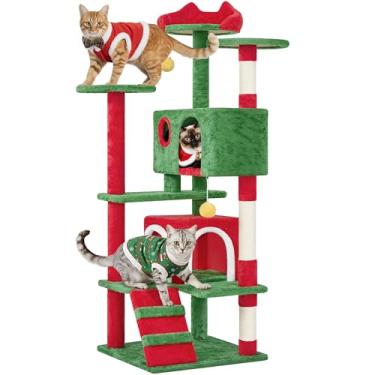 Imagem de Yaheetech Árvore de Natal para gatos de 137 cm, torre de vários níveis para gatos com poleiro espaçoso, 2 cavernas aconchegantes, postes para arranhar, escada de escalada, 2 bolas de pelúcia para