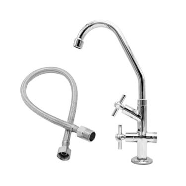 Imagem de Kit Torneira para Tanque e Máquina 2 Saídas Mesa Metal + Engate Flexível Aço Inox Trançado 60cm Cromado