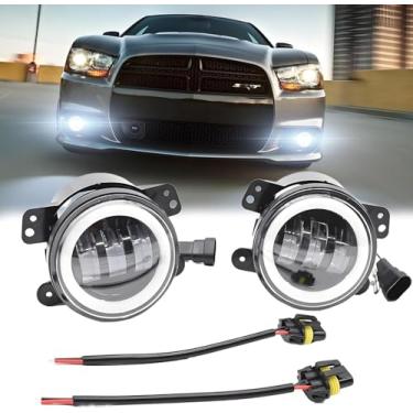 Imagem de 1 par de faróis de neblina de LED de 10 cm para para-choque dianteiro, adequado para Dodge Charger 2011-2013, anel de halo branco âmbar 3000K/6000K, fio amarelo: luz âmbar