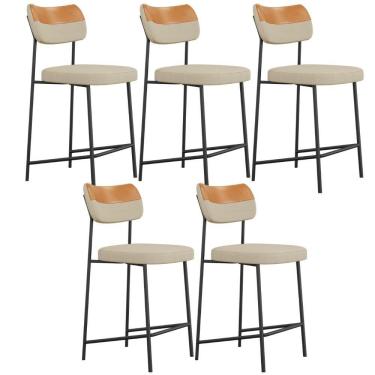 Imagem de Kit 05 Banquetas Baixa Bar Cozinha Sala Jantar Whisky Melina L02 Couríssimo Whisky Linho Bege - Lyam Decor