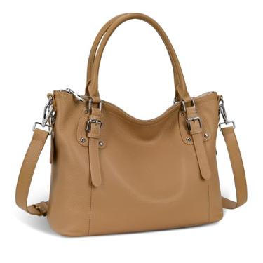 Imagem de HESHE Bolsas e bolsas de couro genuíno para mulheres, bolsa de ombro, bolsa com alça superior, bolsa Hobo transversal, Caqui, Large