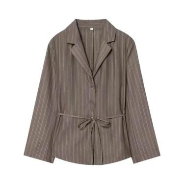 Imagem de Blazer Elegante Listrado Marrom Para Escritório Com Calças De Cintura 