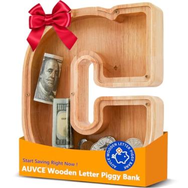 Imagem de Cofrinho de madeira para crianças, cofrinho inicial para meninos e meninas, primeiro nome personalizado cofrinho para aniversário meninos meninas presente cofrinho para crianças (madeira, S9-C)