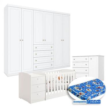 Imagem de Quarto Infantil Mississipi 6 Portas Com Berço Multifuncional Atlanta Branco Fosco E Colchão Ortobom - Reller
