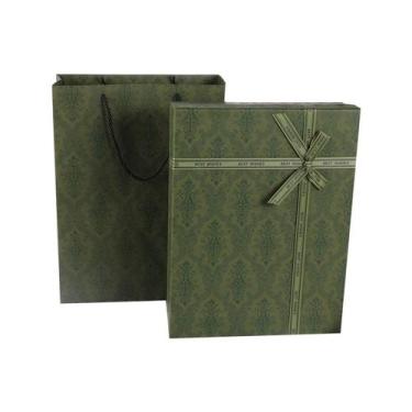 Imagem de Conjunto de caixa de presente e bolsa de papelão verde luxuoso 30x23x6