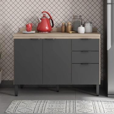 Imagem de Balcão Cozinha Firenze Com Tampo 120cm E 3 Portas 2 Gavetas Avena/grafito
