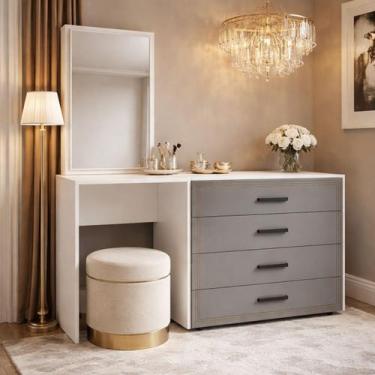 Imagem de Cômoda Penteadeira com Espelho 150cm 4 Gavetas Valência Politorno Móve