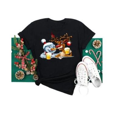 Imagem de Camiseta Feminina De Natal Com Estampa De Rena E Papai Noel, Gola O, E