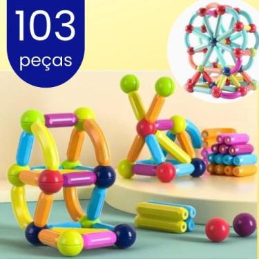 Imagem de Blocos Magnéticos De Montar Bastões 103 pçs Montessori Brinquedo Const