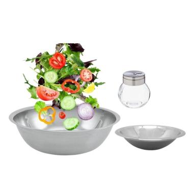 Imagem de Conjunto para Salada 3 Peças Bowl Inox e Saleiro Vidro Tampa Giratória - Mundial Import