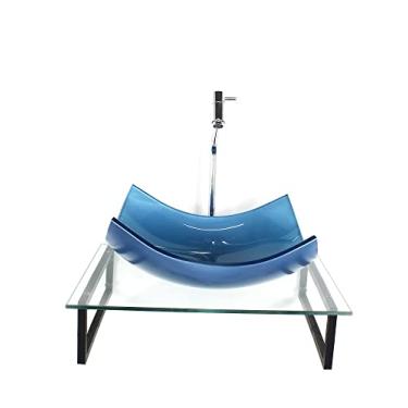 Imagem de KIT CUBA DE VIDRO RETANGULAR 10MM AZUL TAMPO 50CM INCOLOR COM SUPORTE TORNEIRA VALVULA