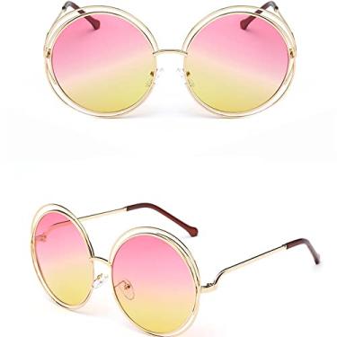 Imagem de Vintage redondo tamanho grande lente espelho óculos de sol feminino designer armação de metal senhora óculos de sol senhora, 5, ouro, rosa amarelo, outros