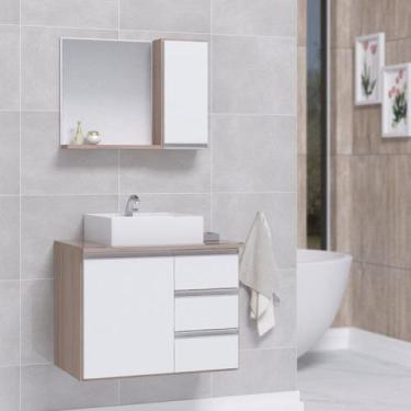 Imagem de Conjunto Gabinete Banheiro Completo Prisma 60cm Madeirado/Branco - Mov