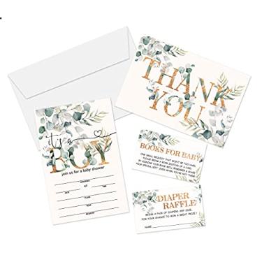 Imagem de Conjunto de convites para chá de bebê, preencher cartões de convites, livros para bebês, rifle de fraldas, obrigado, menino, cada design tem 25 cartões e envelopes (total de 100 cartões) – (bb005-taozhuang)
