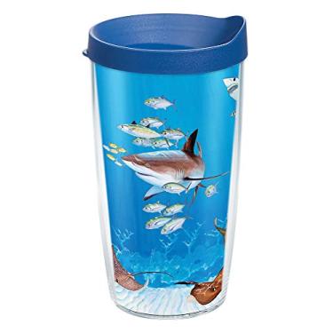 Imagem de Tervis Copo térmico Made in USA Guy Harvey de parede dupla mantém as bebidas frias e quentes, 473 ml, colagem de tubarão
