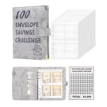 Imagem de Fichário Desafio de economia de dinheiro com 100 envelopes - A5 Fichário de orçamento para economia de dinheiro, maneira fácil e divertida de economizar $5.050 livro com envelopes (cinza)