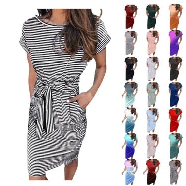 Imagem de Lainuyoah Vestidos de camisa listrados para mulheres 2024 manga curta gola redonda vestido de verão comprimento até o joelho vestido de verão com bolsos, A - Preto, P