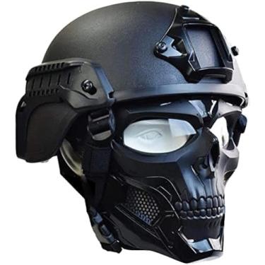 Imagem de Capacete tático Airsoft Paintball ACH com proteção facial tática Óculos transparentes para rosto inteiro Máscara de caveira para jogo CS Airsoft Paintball, BK, 30 * 19 cm