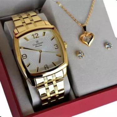 Imagem de Relogio Champion Dourado Quadrado Feminino Grande CH28740H + Semi Joia