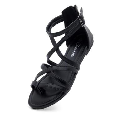 Imagem de Shoe Land Sandália feminina gladiadora rasteira 2025 – fio dental pescador com tira ajustável no tornozelo e zíper nas costas | Confortável para praia, caminhada e uso diário, Preto, 40