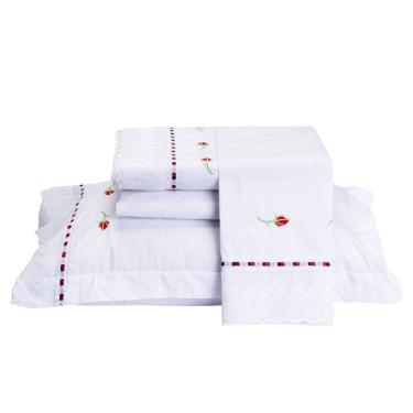Imagem de Jogo de Lençol Queen Felicita 200 Fios Algodão Bordado 4 Peças - Branco
