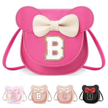 Imagem de XSUIOY Bolsa infantil para meninas, presente de aniversário para crianças, bolsa infantil com inicial personalizada, lindo laço de orelha, presente de menina, Pequeno-rosado-branco, B, B
