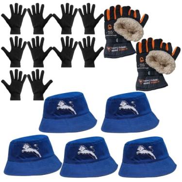 Imagem de Luva Básica, Luva de Moto Forrada, Chapeu Bucket (5 Luva Preta + 2 Luva de Moto Laranja + 5 Chapeu Azul)