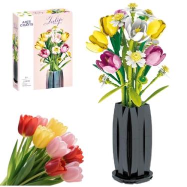 Imagem de flowriple Kit de construção de flores de tulipa, blocos de montar criativos para decoração de coleção botânica DIY para escritório em casa, decoração de exibição de arranjos florais de tulipa