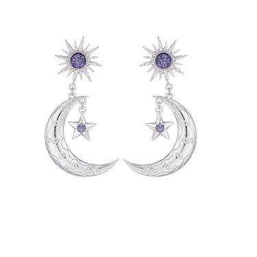 Imagem de Brincos femininos de ouro 14K, lua e sol, estrela, lua crescente, longa, assimétrico, pingente de gota e planeta, joias modernas, presente de Halloween, Extra large, Liga de aço, Sem pedra preciosa