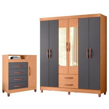 Imagem de Quarto Solteiro Completo Guarda Roupa Âmbar 6 portas com Espelho Cômod