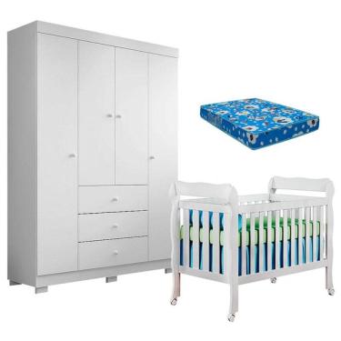 Imagem de Berço Americano Lila e Guarda Roupa Duda 4 Portas Branco Brilho com Colchão Ortobom - Phoenix Baby