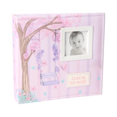 Imagem de Álbum de fotos Ical, encadernação fichário, para 150 fotos (sendo 100 10x15cm + 50 15x21cm) - envelope plástico branco - linha Bebê - capa em tecido - modelo lavanda balanço com janela - 824