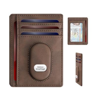 Imagem de GAOCHALE Carteira fina para Samsung Smarttag2 bolso frontal minimalista carteira de couro compatível com etiqueta Samsung RFID bloqueio de cartão, Café