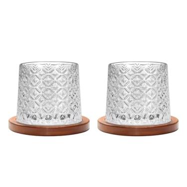 Imagem de Copo de vidro giratório antiquado, conjunto de 2 copos de uísque de cristal de 275 ml/283.5 g, porta-copos de madeira, espessamento, usado como copo de vidro de rum, coquetel, café, leite para relaxar